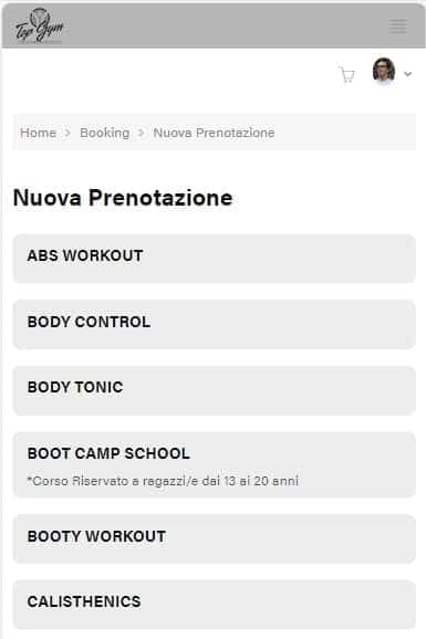 Lista lezioni prenotabili nella web app prenotazioni
